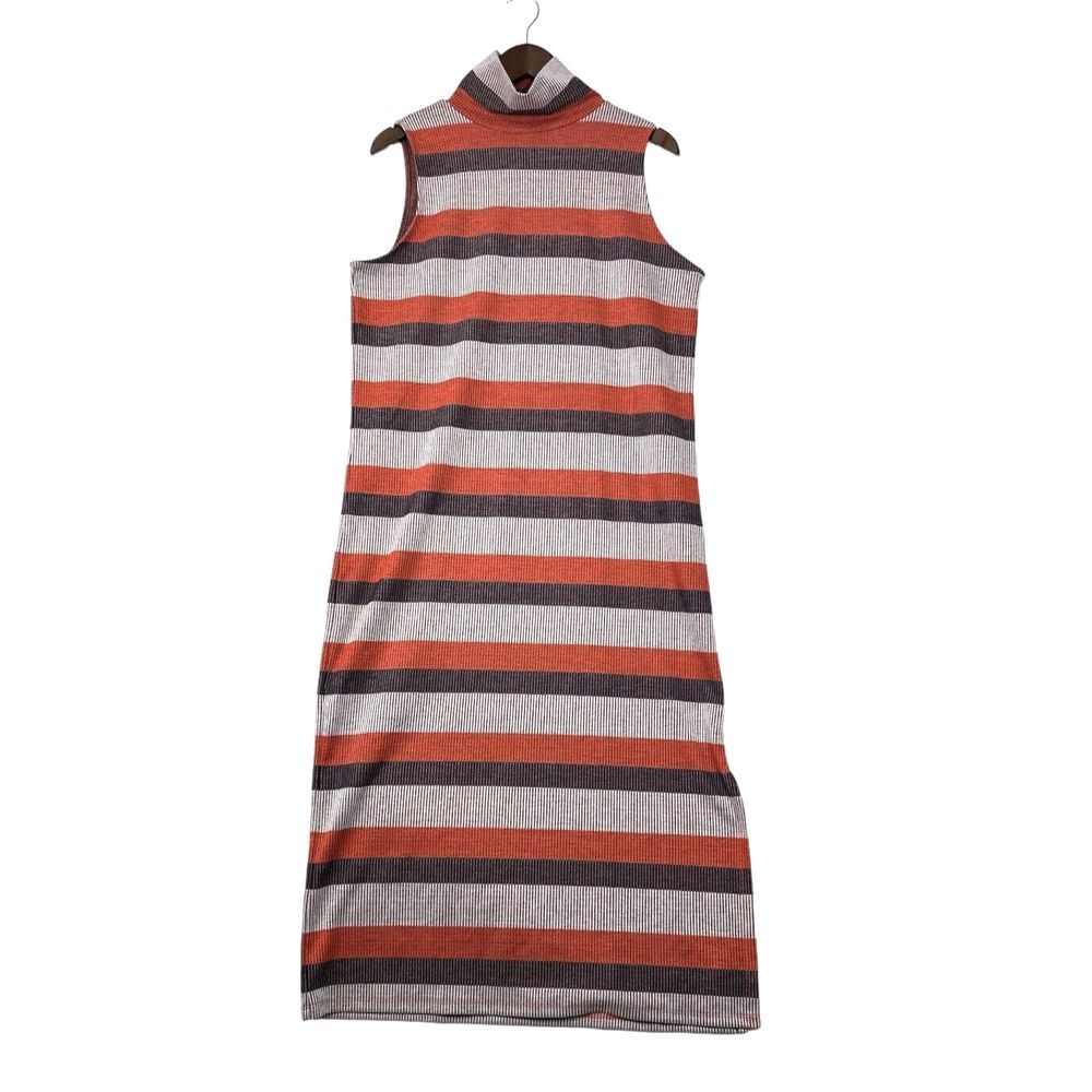 LOFT Womens Maxi Dress Size M Sleeveless Turtleneck Orange Striped Beach Coastal